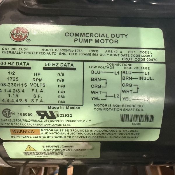 US Motors (Nidec) EU04 1/2 hp 1800 RPM 115/208-230V 56J Frame (Rem Base) TEFC 1-Phase Electric Motor