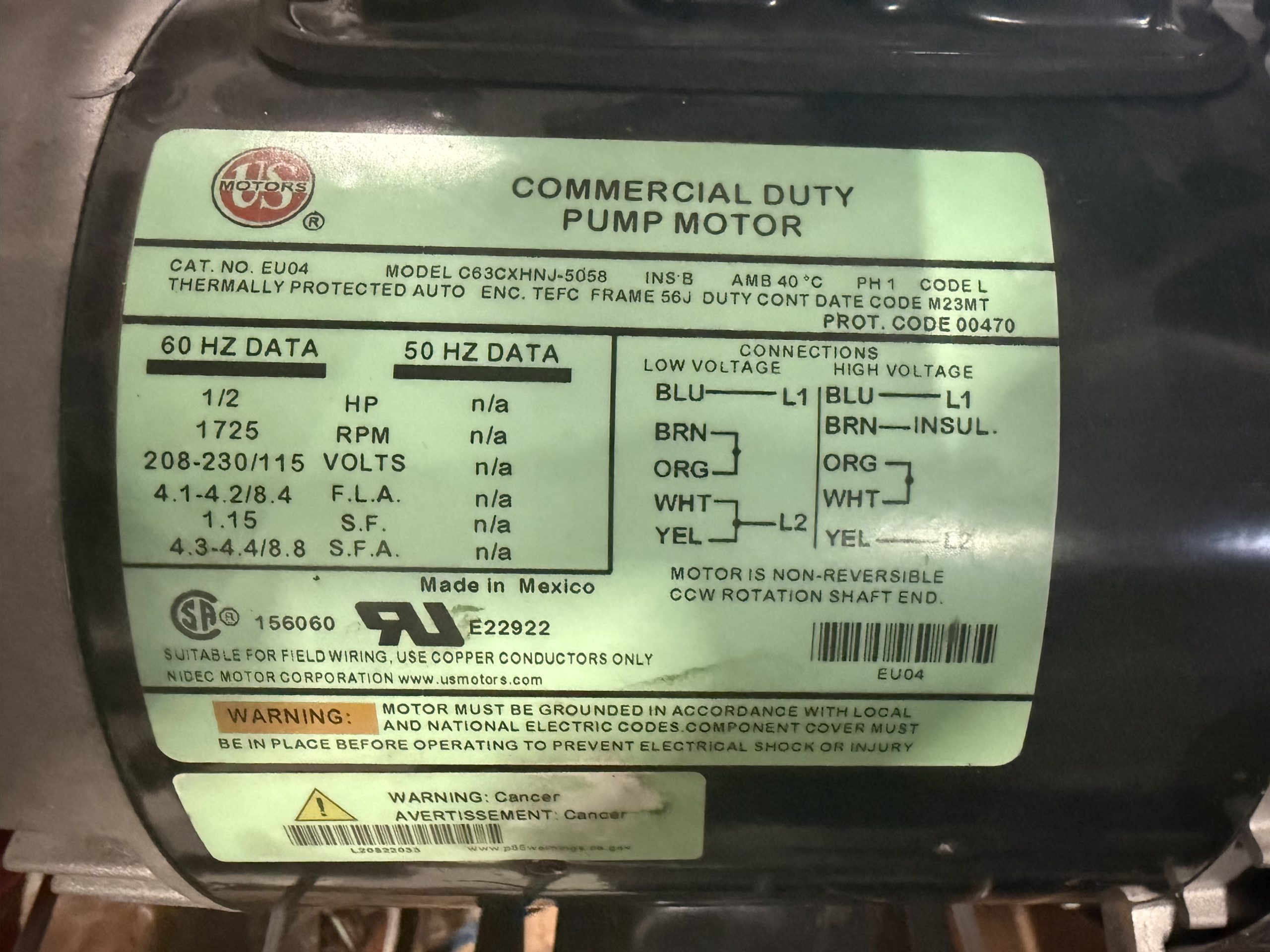 US Motors (Nidec) EU04 1/2 hp 1800 RPM 115/208-230V 56J Frame (Rem Base) TEFC 1-Phase Electric Motor