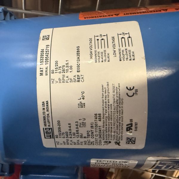 Weg E05C12A2EB6G 3/4 HP Pump Motor, Single Phase, 3/4 1/50/60/115-208-230 56J