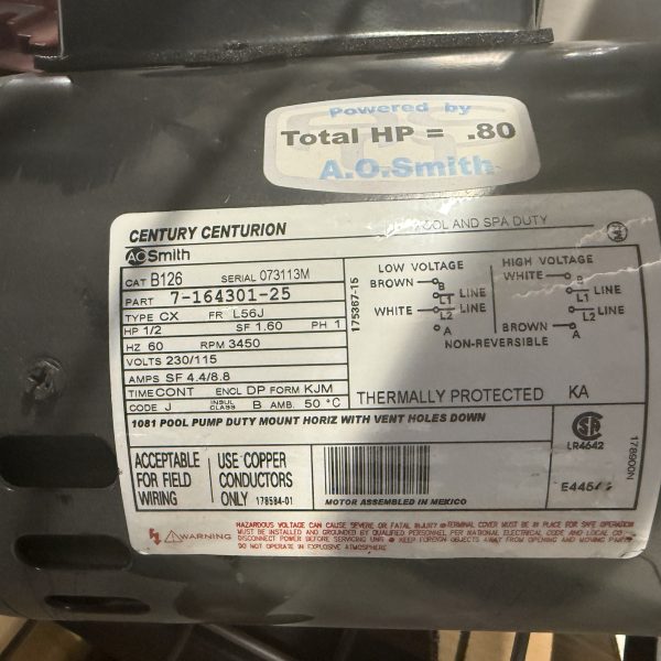 B126 Century 1/2 hp 3450 RPM 56J Frame 115/230V Switchless Swimming Pool Pump Motor Century