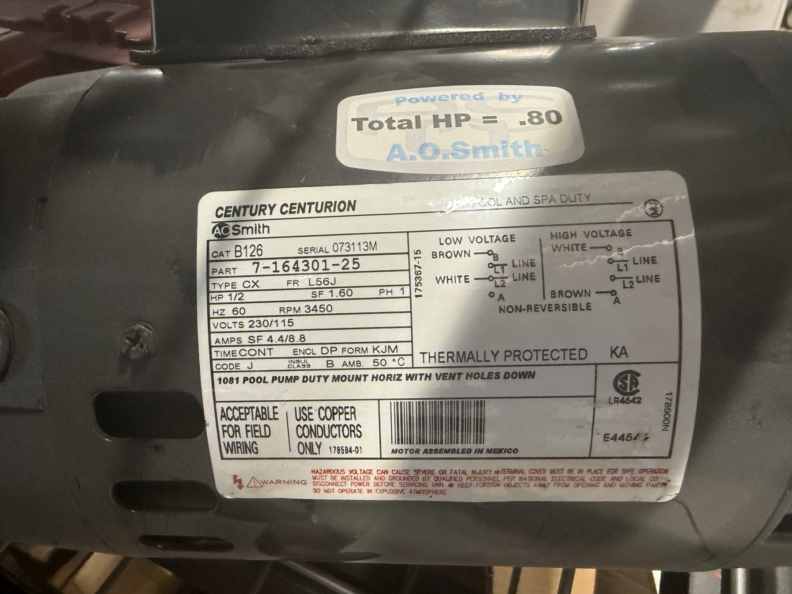 B126 Century 1/2 hp 3450 RPM 56J Frame 115/230V Switchless Swimming Pool Pump Motor Century