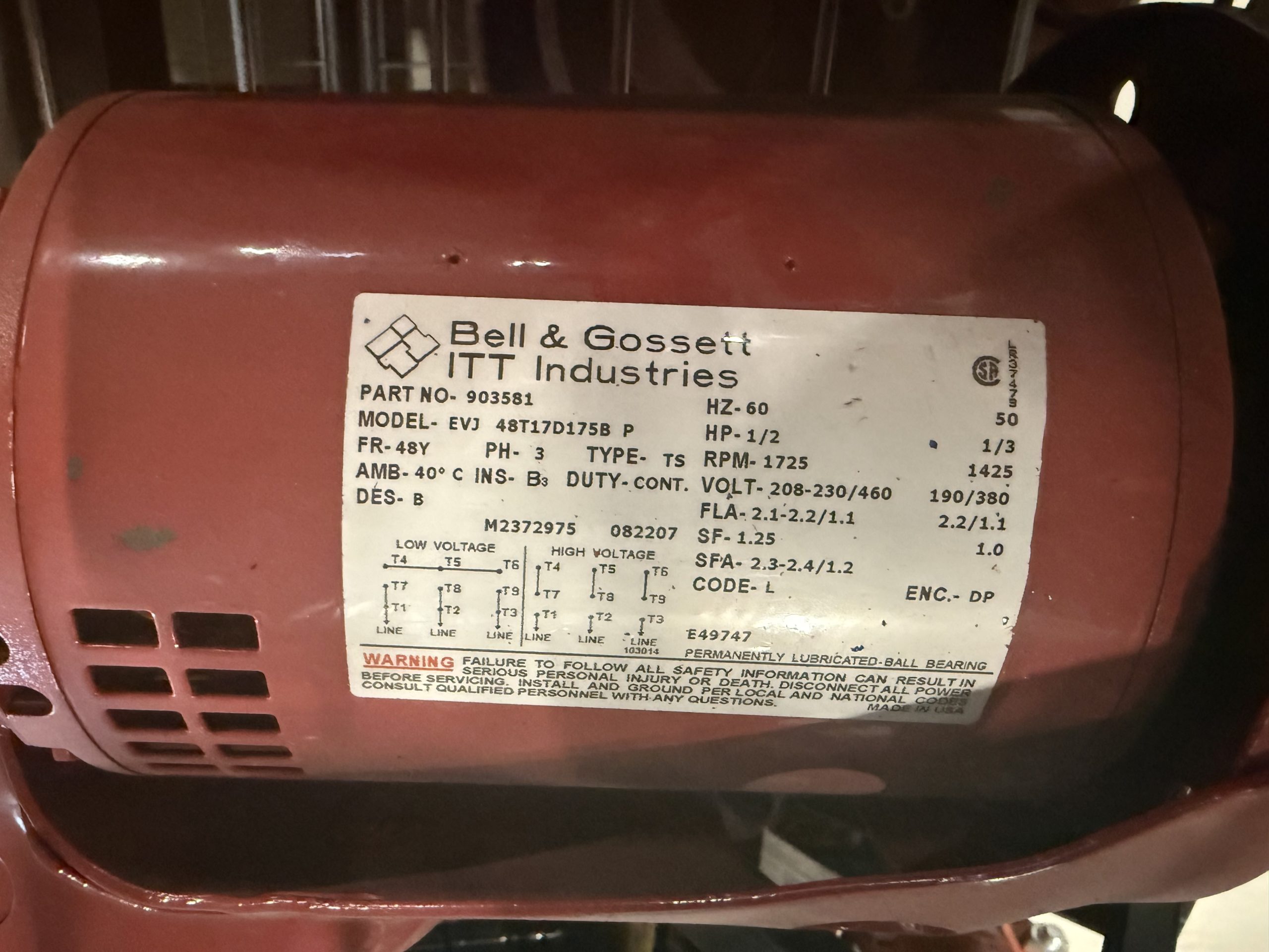 Bell & Gossett 903581 1/2HP 208-230/460V (169229)